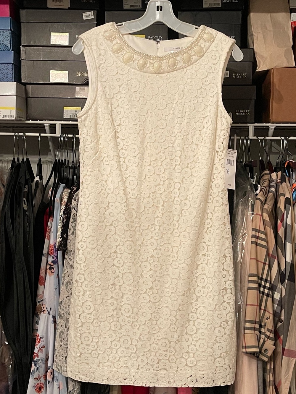 Lace Shift Dress w/Embellished Neckline
